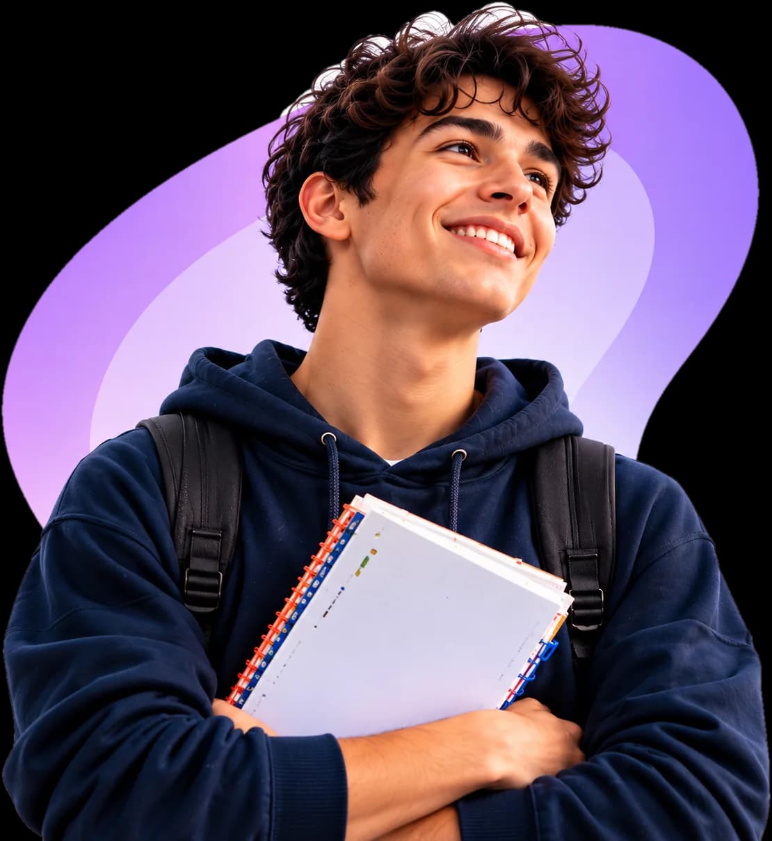 Estudante sorrindo segurando cadernos